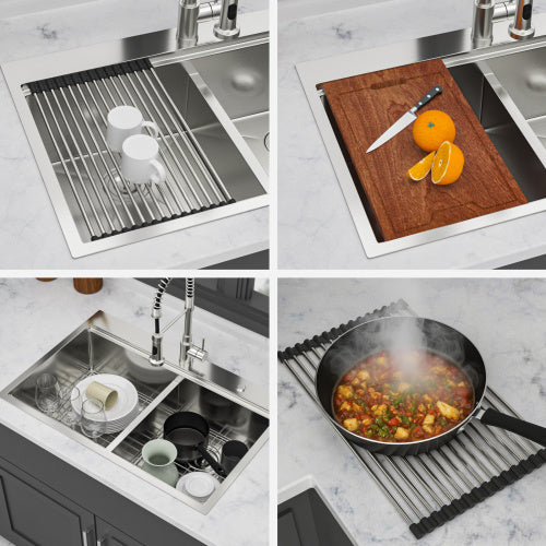 Topmount Drop in Kitchen Sink - 33"x 22" x 10" Double Bowl (50/50) Kitchen Sink 16 Gauge with Two 10" Deep Basin, Brushed Nickel