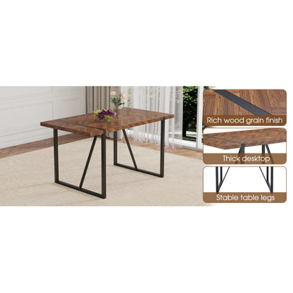 Retro Dining Table with Fishbone Textured Top & Black Metal Legs