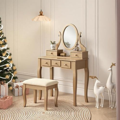 Gold Wood Makeup Vanity Table and Stool Set, 5 Lined Drawers, Adjustable Oval Mirror, 32 inch W