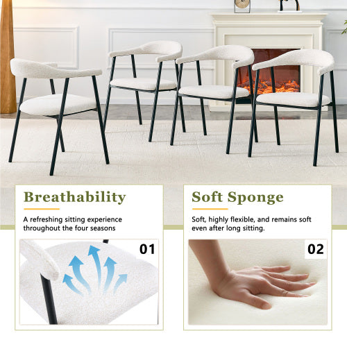 Fabric Upholstered Dining Chairs with Black Metal Legs, Set of 4, White