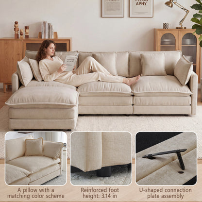 Light-Coffee Chenille Armless 1-Seat Modular Sofa with Ottoman Solid-Wood Frame Assembly-Required