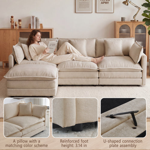 Light-Coffee Chenille Upholstered 2-Seat Deep-Seat Modular Sofa with 4 Pillows for Living-Room Bedroom
