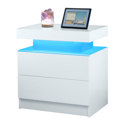 Nightstand LED Bedside Table Cabinet Lights Modern End Side with 2 Drawers for Bedroom (White)