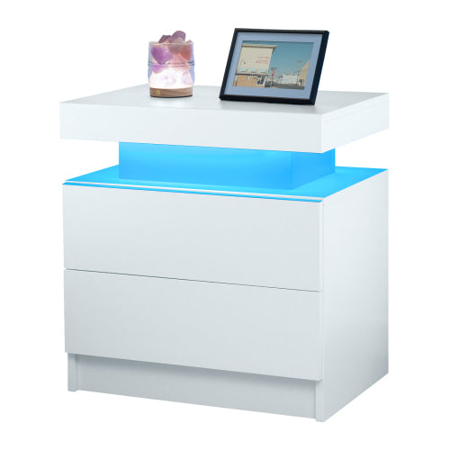 Nightstand LED Bedside Table Cabinet Lights Modern End Side with 2 Drawers for Bedroom (White)