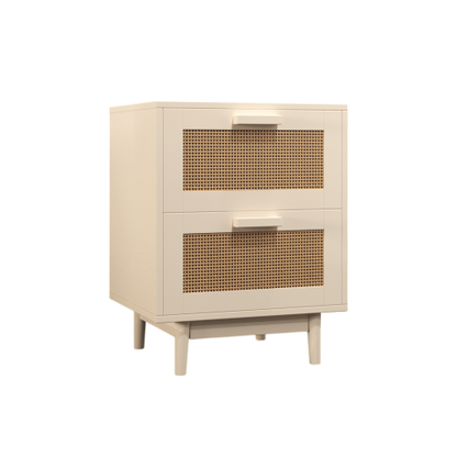 Rattan Nightstand, Wood End Table, Side Table with 2 Faux Rattan-Decorated Drawers, Bedside Table,Wood Accent Table with Storage for Livingroom, Bedroom,Burly wood