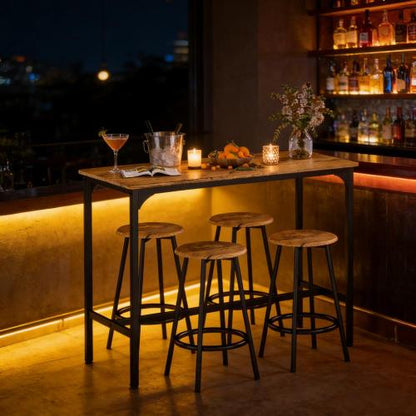 5-Piece Rustic Brown & Black Counter Set, MDF Table & 4 Metal Frame Stools with Foot Pads