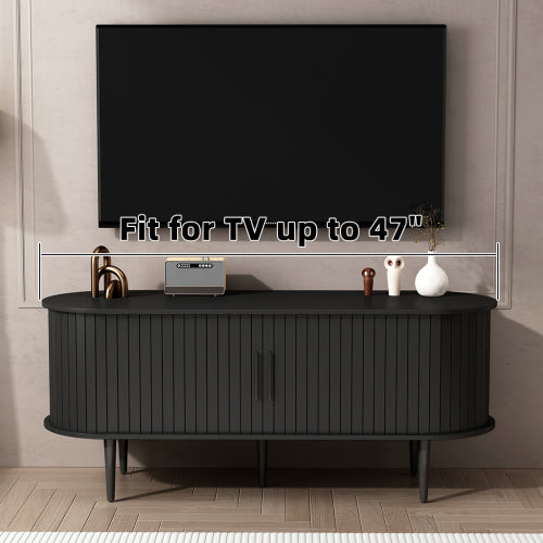 47 Inch Black Mid-Century TV Stand Sliding Fluted Door MDF Media Console with Metal Legs