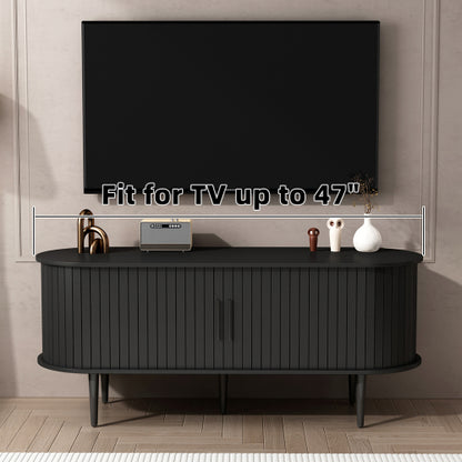 47 Inch Black Mid-Century TV Stand Sliding Fluted Door MDF Media Console with Metal Legs