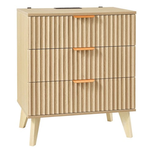 Khaki Mid-Century Fluted Nightstand with Charging Station