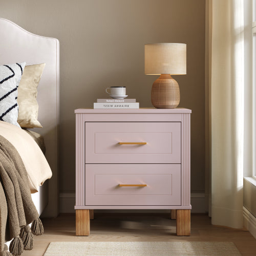 Pink Fluted Nightstand, 2-Drawer Bedside Table with Metal Handles & Solid Wood Legs