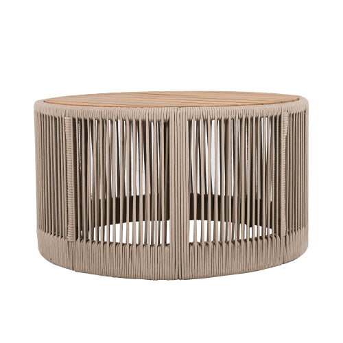 Outdoor Rattan rope & Acacia Wood Coffee Table - Patio Balcony Furniture for Garden, Yard, Balcony - Weather Resistant(Rope Beige, Natural Iron)