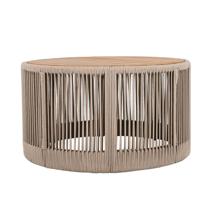 Outdoor Rattan rope & Acacia Wood Coffee Table - Patio Balcony Furniture for Garden, Yard, Balcony - Weather Resistant(Rope Beige, Natural Iron)