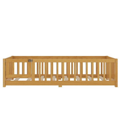 Twin Size Bed Floor Bed with Safety Guardrails and Door for Kids, Natural