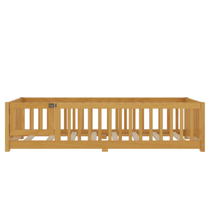 Twin Size Bed Floor Bed with Safety Guardrails and Door for Kids, Natural