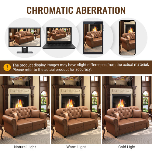 41.3 Inch Brown Mid-Century Faux-Leather Sofa Nailhead Trim Button Tufted with 1 Pillow