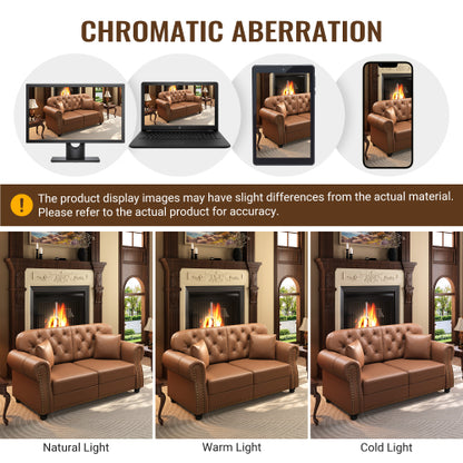 41.3 Inch Brown Mid-Century Faux-Leather Sofa Nailhead Trim Button Tufted with 1 Pillow