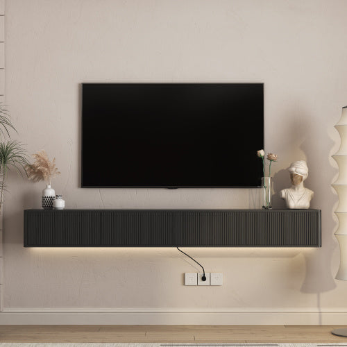 Wall Mount Floating High Gloss TV Cabinet with 16 Color LED Lights & Power Outlet for Living Room