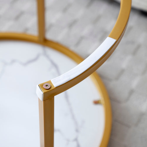 Set of 2 Nesting Round Coffee Tables, White & Gray Top with Golden Metal Frame