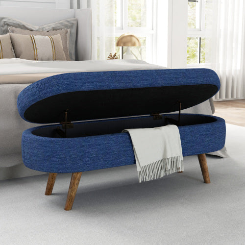 Blue Oval Linen Storage Ottoman Bench with Rubber Wood Legs, Upholstered Footrest 43.5 inch x16 inch x16 inch, 250 LBS Capacity