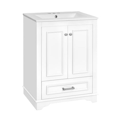 24'' Bathroom Vanity with Ceramic Sink Combo, Modern Freestanding Storage Cabinet with Silver Handles, Soft Closing Doors