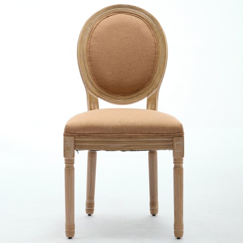 Set of 2 Tan French Solid Wood Antique Painted Linen Dining Chairs, Carved Frame 300 LBS Weight Limit