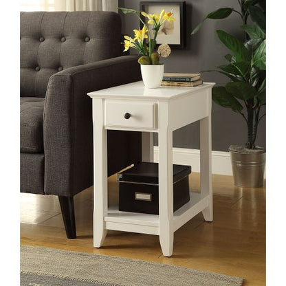 White Accent Table Drawer Shelf Storage Tapered Leg Bronze Handle Unit