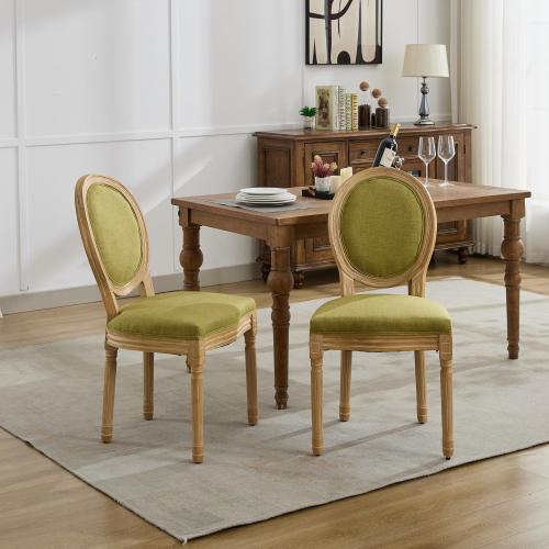 Set of 2 Olive Green French Carved Solid Wood Linen Dining Chairs, Antique Painted Frame 300 LBS Load