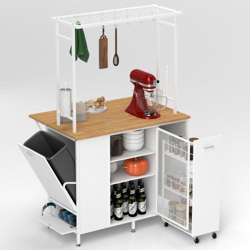 Kitchen Island with Storage Space Breakfast Bar with Folding Flip Up Panel Large Cabinet Shelves White