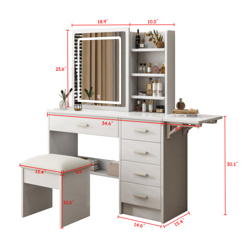 White Vanity Desk with Mirror & Lights, 5 Drawers, Open Shelves & Chair, 3 Color Adjustable LED Lighting