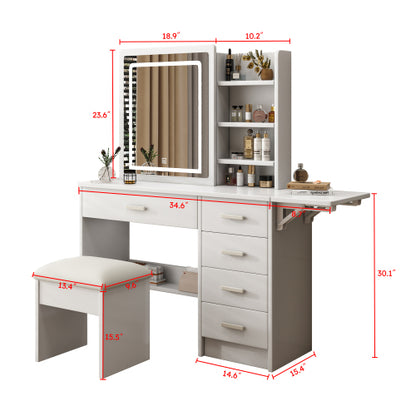 White Vanity Desk with Mirror & Lights, 5 Drawers, Open Shelves & Chair, 3 Color Adjustable LED Lighting