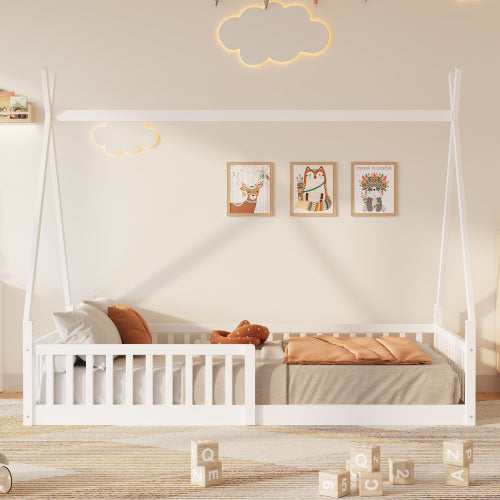 Twin Size Wood House Bed with Fence, White