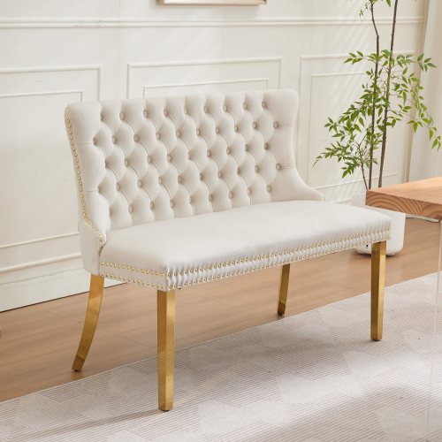 Velvet Double Dining Loveseat Bench, Kitchen & Dining Seating, 2-Seat Tufted Bench w/Handmade Buttons, Wing Back, Gold-Plated Steel Legs, Mid Century Modern,Single Pack,Beige
