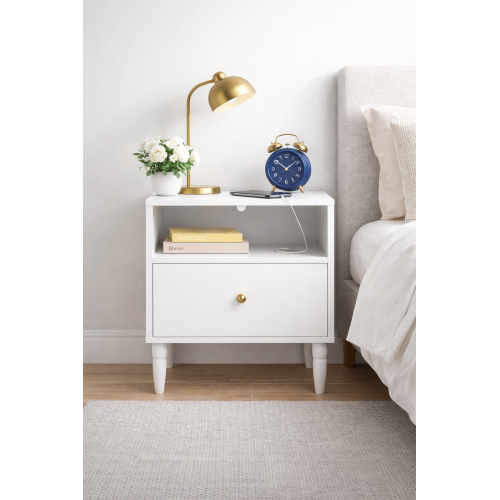 Modern White Nightstand with Drawer and Open Shelf, Bedside Table with Gold Knob, Solid Wood Legs, Small End Table for Bedroom, Living Room