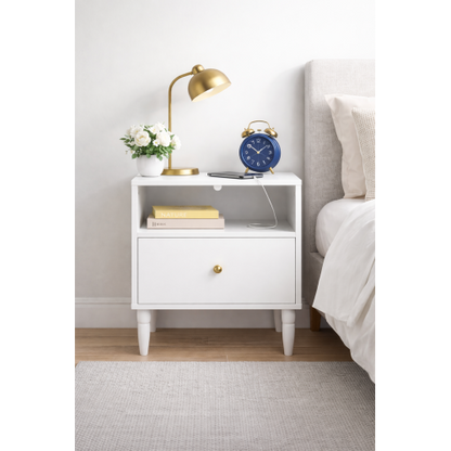Modern White Nightstand with Drawer and Open Shelf, Bedside Table with Gold Knob, Solid Wood Legs, Small End Table for Bedroom, Living Room