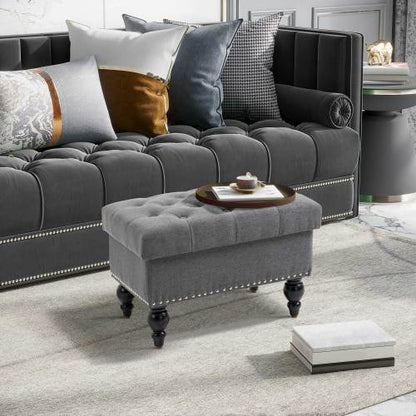 Gray Button Tufted Storage Ottoman Bench with Wood Legs, Removable Lid Footrest Seat for Living Room Bedroom