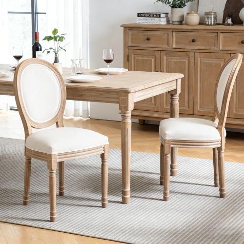 Wood Dining Chairs with Linen Upholstered Backs, Set of 2, Beige