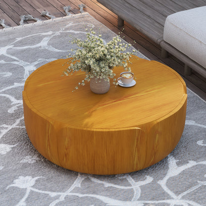 35.63" Round Outdoor Indoor Coffee Table, Modern Wood Grain Drum Center Table, Sturdy MGO (Magnesium Oxide) Waterproof, No-Assembly Table for Patio, Garden, Backyard, Living Room (Wood Color)