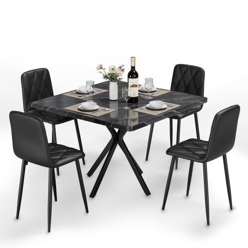5-Piece Black Square Dining Set, Faux Marble Top & 4 Armless Chairs