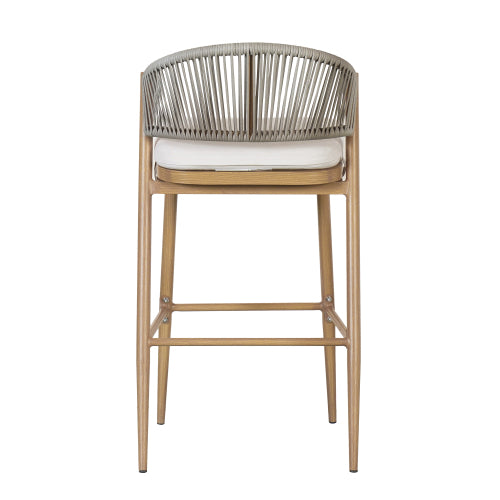 Outdoor 30.25" Seat Height Aluminum Frame Barstools with PE Rattan Scallop-shaped Backrest, Set of 2, Maple Finish