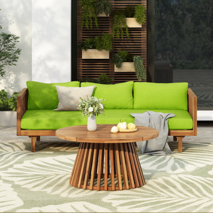 Acacia Wood Patio Furniture Set,Outdoor 3 Seater Daybed(with Water Resistant Thick Cushions)and Round Coffee Table, Green Cushion
