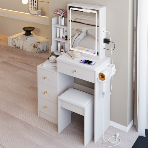 29.2" Small Size Left Bedside Cabinet Vanity Table + Cushioned Stool, 2 AC+2 USB Power Station, Hair dryer bracket, Extra Large Touch Control Sliding LED Mirror, Tri-color Switching, Brightness Adjust
