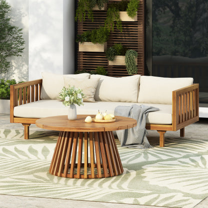 Acacia Wood Patio Furniture Set,Outdoor 3 Seater Daybed(with Water Resistant Thick Cushions)and Round Coffee Table, Beige Cushion