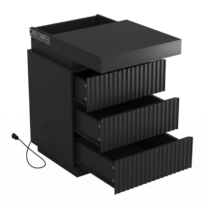 2 Pack Black Nightstand, Sliding Top Charging Station & RGB LED Fluted Drawers