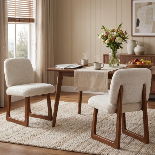 Set of 2 Beige Boucle Fabric Dining Chairs, Curved Wood Leg Multi-Material Frame 300lbs Capacity