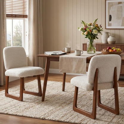 Set of 2 Beige Boucle Fabric Dining Chairs, Curved Wood Leg Multi-Material Frame 300lbs Capacity