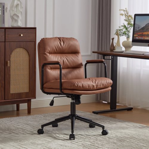 Office Chair,Mid Back Home Office Desk Task Chair with Wheels and Arms Ergonomic PU Leather Computer Rolling Swivel Chair with Padded Armrest,The back of the chair can recline 40°(Brown)