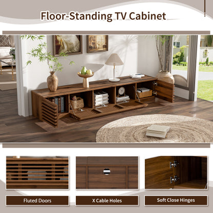 70.8 inch Walnut Fluted Flip Door TV Stand Low Profile Media Console For 65¨C80 Inch TV