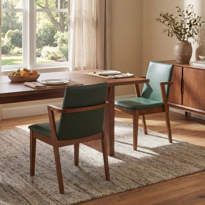 Set of 2 Mid-Century Green PU Arm Dining Chairs, Walnut Rubber Wood Frame 250lbs Capacity