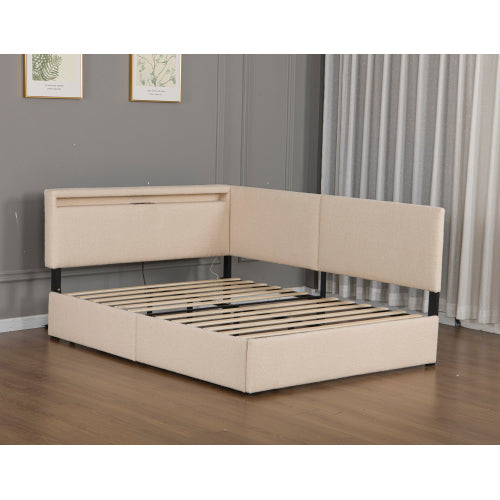 Twin Size Boucle Bed Frame, Upholstered Cloud Bed Frame with Headboard, with 2 Storage Drawers, LED light and USB Charging Design, Solid Wood Legs and Slats, No Box Spring Needed, Beige