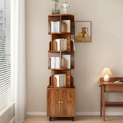Walnut 5-Tier Rotating Bookshelf with Closed Drawer, Retro Solid Wood Narrow Corner Home Book Organizer